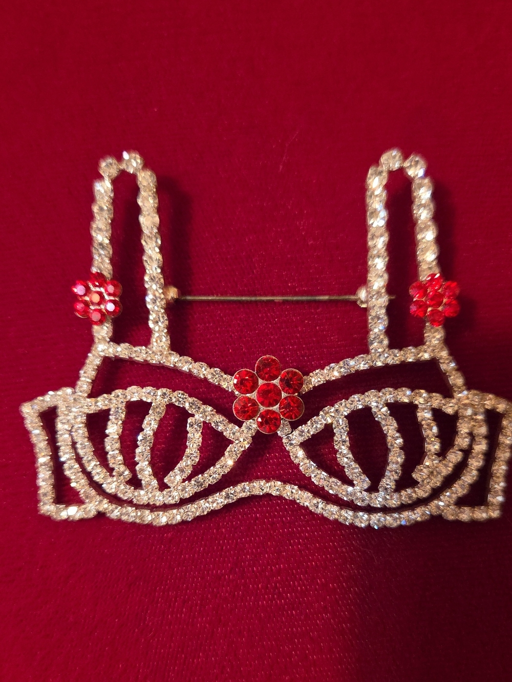 Vintage Crystal Bra Shaped Brooch with Red Accents - Women's Jewelry